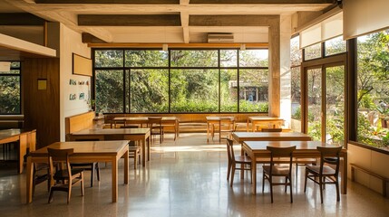 Sunlit interior of a spacious room, tables, chairs. Large windows offer a view of lush greenery. A serene, inviting space