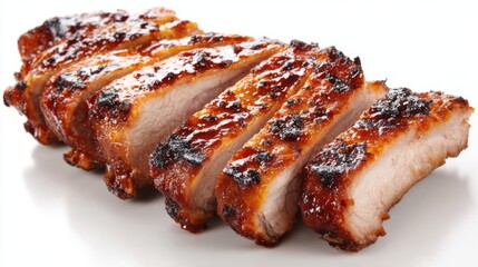 Slices of tender barbecue pork are arranged neatly on a white platter. The meat is glazed with a rich, sweet sauce, highlighting the crispy exterior and savory flavor.