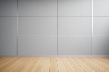 Minimalist empty modern room with light wooden floor and clean grey panel wall background for interior design mockup or branding concept template.