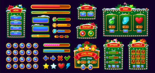 Christmas holiday game interface menu panel buttons and bars asset. Vector festive ui elements, icons, sliders and boards for Xmas video game, adorned with candy canes, ornaments, snow and poinsettias © Buch&Bee
