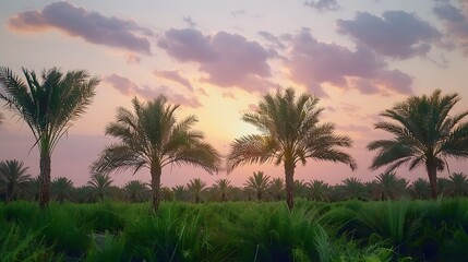 Obraz premium A serene shot of a date palm plantation at dusk with the sky painted in soft pastels