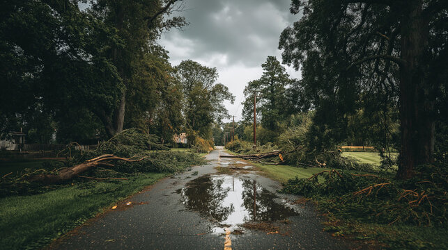 Derecho Storm Flooding Road Surrounded by Trees and Dark Clouds

