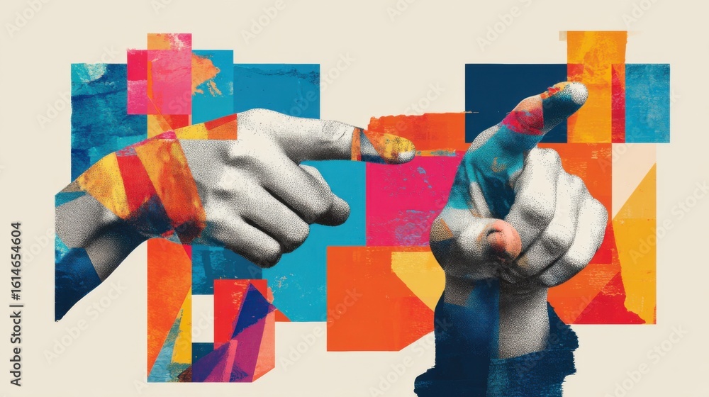 Poster hands are illustrated pointing in different directions, surrounded by vibrant geometric shapes. the 
