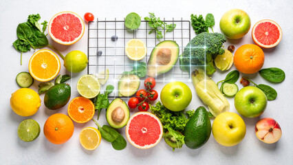 Healthy eating concept with a vibrant assortment of fresh fruits and vegetables. A flat lay of colorful organic produce for a balanced diet, with a futuristic technology grid overlay.