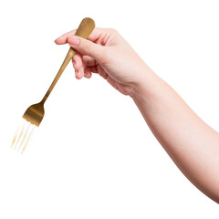 isolated of a woman's hand holding a golden fork.