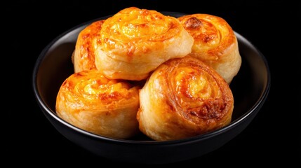 Delicious cheese rolls are placed in a stylish black bowl, showcasing their golden crusts and savory filling, perfect for snack or appetizer.