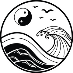 Yin yang symbol with ocean waves and birds silhouette