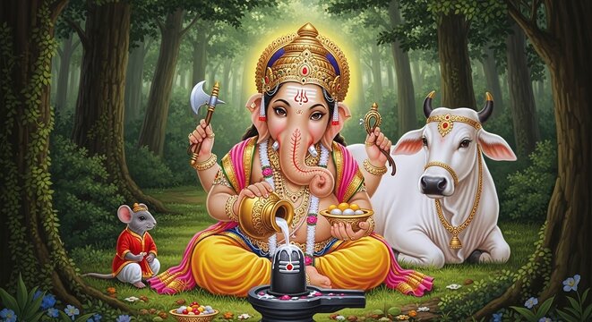 Lord Ganesha Blessing in a Forest Setting with Nandi the Cow and his Mouse Vahana an Enchanting and Spiritual Scene