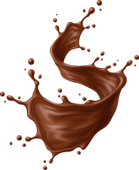 Chocolate drink flow splash wave. Realistic 3d vector twisting stream of chocolate forms an S curve mid air, surrounded by scattered droplets. Dessert food with silky, rich texture evokes indulgence