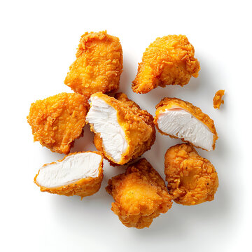 Crispy breaded chicken pieces with one cut open to show the tender white meat inside, arranged on a white background.