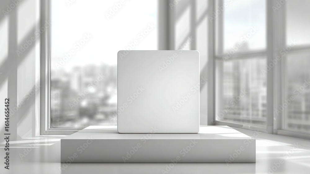 Poster a bright modern room features a blank square pedestal placed in front of large windows, with diffuse
