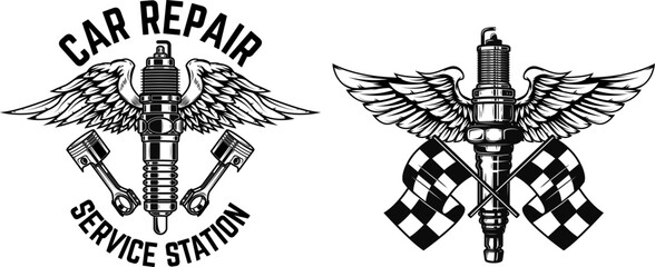 Winged motorcycle spark plug. Design elements for logo, label, sign, menu. Vector illustration