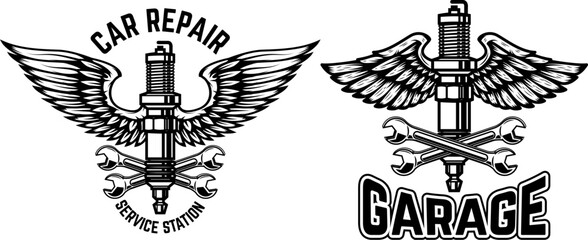 Winged motorcycle spark plug. Design elements for logo, label, sign, menu. Vector illustration