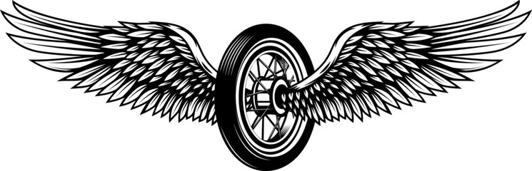 Motorcycle wheel with wings isolated on white background. Design elements for logo, label, emblem,sign. Vector illustration