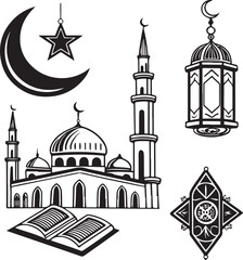 Black and White Islamic Vector Set with Mosque, Quran, Crescent Moon, Star, Lantern, and Minaret