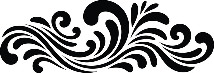 
Elegant black swirls and flourish curved scroll ornate decorative design element, Abstract Tribal Style Motifs ornament isolated on transparent background