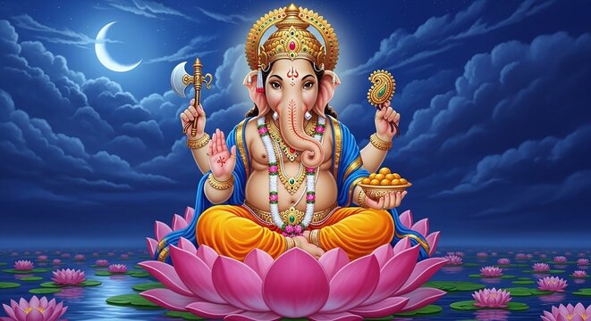 Lord Ganesha Illustration on Lotus Flower at Night with Moon Symbolizing Wisdom Prosperity and New Beginnings Hindu God Digital Art