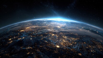 A stunning view of Earth during nighttime, highlighting the vibrant city lights and vast landscapes, seen from a vantage point in outer space overlooking the planet.