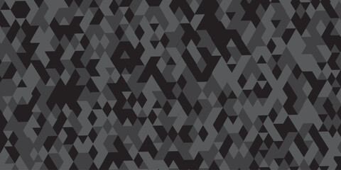 Abstract geometric black and gray background seamless mosaic and low polygon triangle texture wallpaper. Triangle shape retro wall grid pattern geometric ornament tile vector square element.	

