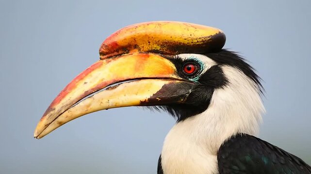 Hornbill bird profile featuring large beak  casque against a blurred background