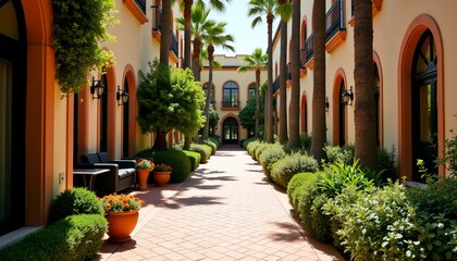 Fototapeta premium Tuscan Inspired Serenity A Beautiful Courtyard Landscape with Arched Architecture and Manicured Gardens Under a Warm Glow