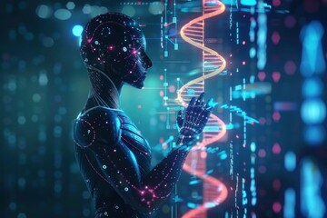 AI with holographic DNA model in futuristic lab with glowing data streams