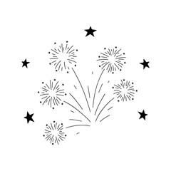 Festive fireworks with sparks and stars, black and white graphic vector illustration, isolated on a white background. Abstract decorative element for a poster, banner, decoration, design, hand-drawn