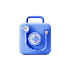 3D medical kit icon, light-blue square case with stethoscope and plus sign