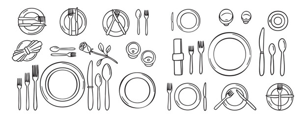 Table settings serving with plate, forks, spoons, knife. Table etiquette. doodle hand drawn icon set. Outline drawing line clipart symbol collection