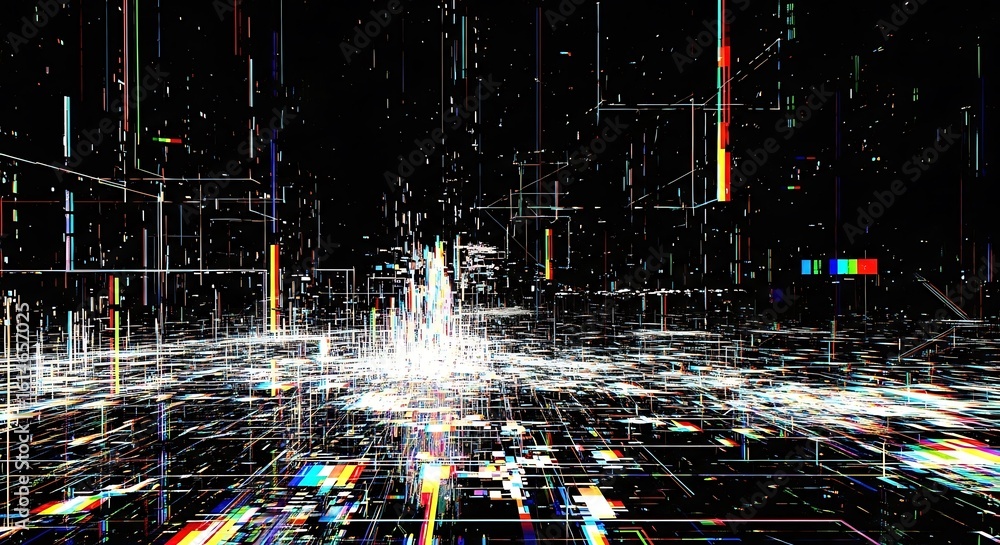 Poster abstract digital landscape with grid lines and colorful light streaks in a dark background space