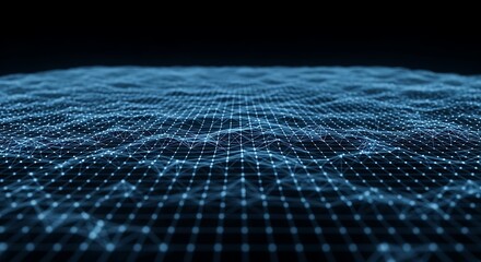 Abstract representation of a connected network, with blue dots and lines forming a grid-like structure against a dark background.