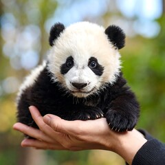 Obraz premium A baby panda held in a human hand