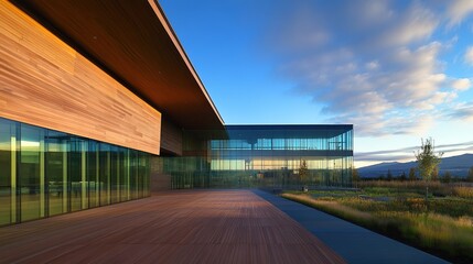 Obraz premium Modern building with wooden facade, glass windows, and a blue sky. Exterior shot with sunlight