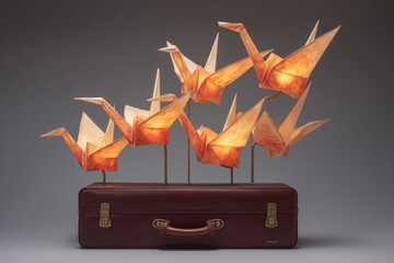 Illuminated Origami Cranes on Vintage Suitcase