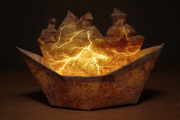 Illuminated Origami Paper Sculpture: A Glowing Volcanic Landscape