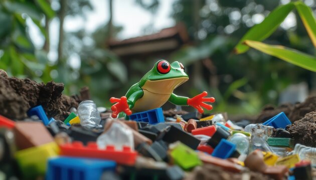 Mini technology creatures kids crafting ecobricks from plastic waste nature setting playful viewpoint