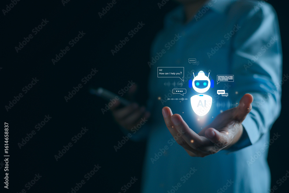 Poster ai agent chatbot tech, voice assistant for customer service, futuristic smart automation, ai-powered