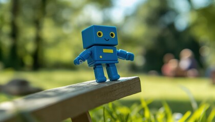 Technology mini robot balancing on beam with kids in nature playful environment capturing fun learning moments