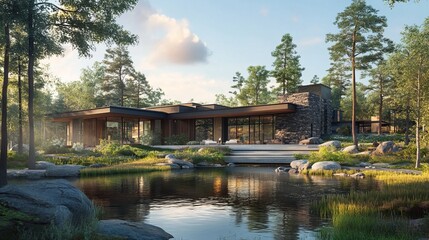 Fototapeta premium Modern home nestled in lush forest by a tranquil pond, merging nature and contemporary design