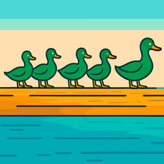 Colorful cartoon ducks in a row marching by the water under a bright sky