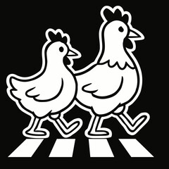 Chickens cross a road in a playful, artistic representation with bold black and white lines and a whimsical design
