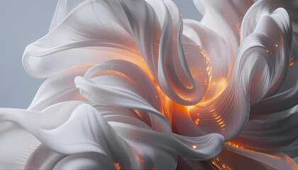Elegant Abstract Silk Fabric with Glowing Orange Light Particles in Flowing 3D Motion for Futuristic Design Background