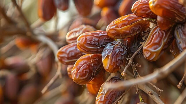 An abstract close-up of dates tightly clustered together on the branch