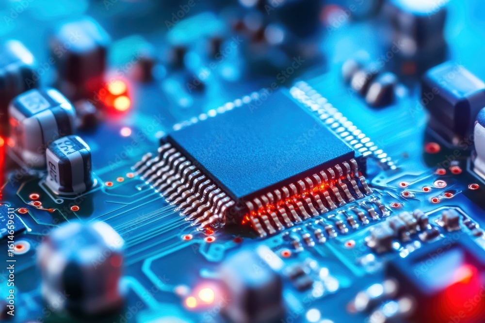 Poster detailed close-up of computer chip on a pcb board showing technology progress
