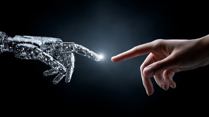 Hands of a robot and a human pointing to each other, a digital technology concept for business. Photo on a black background with copy space, a text area in the center, in a futuristic style.