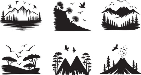 Assorted black silhouette landscape illustrations showcasing mountains, cliffs, forests, a volcano, and savanna with diverse framings and natural elements.