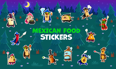 Cartoon Mexican cuisine food mage and wizard characters stickers pack. Vector patches with magic and culinary delights dressed in sorcerers or magicians hats and cloaks, hold staffs and casting spells