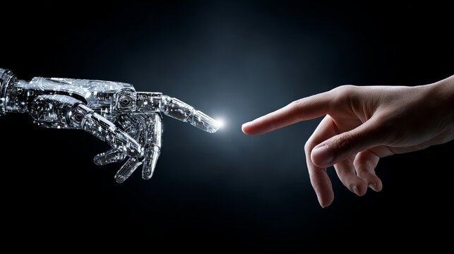 Hands of a robot and a human pointing to each other, a digital technology concept for business. Photo on a black background with copy space, a text area in the center, in a futuristic style.