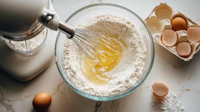 A glass bowl holds flour and broken eggs as a whisk mixes the ingredients together on a marble countertop. Nearby, an egg carton is partially open, showcasing empty shells.