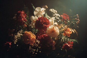 Bouquet of vibrant flowers in a dark setting